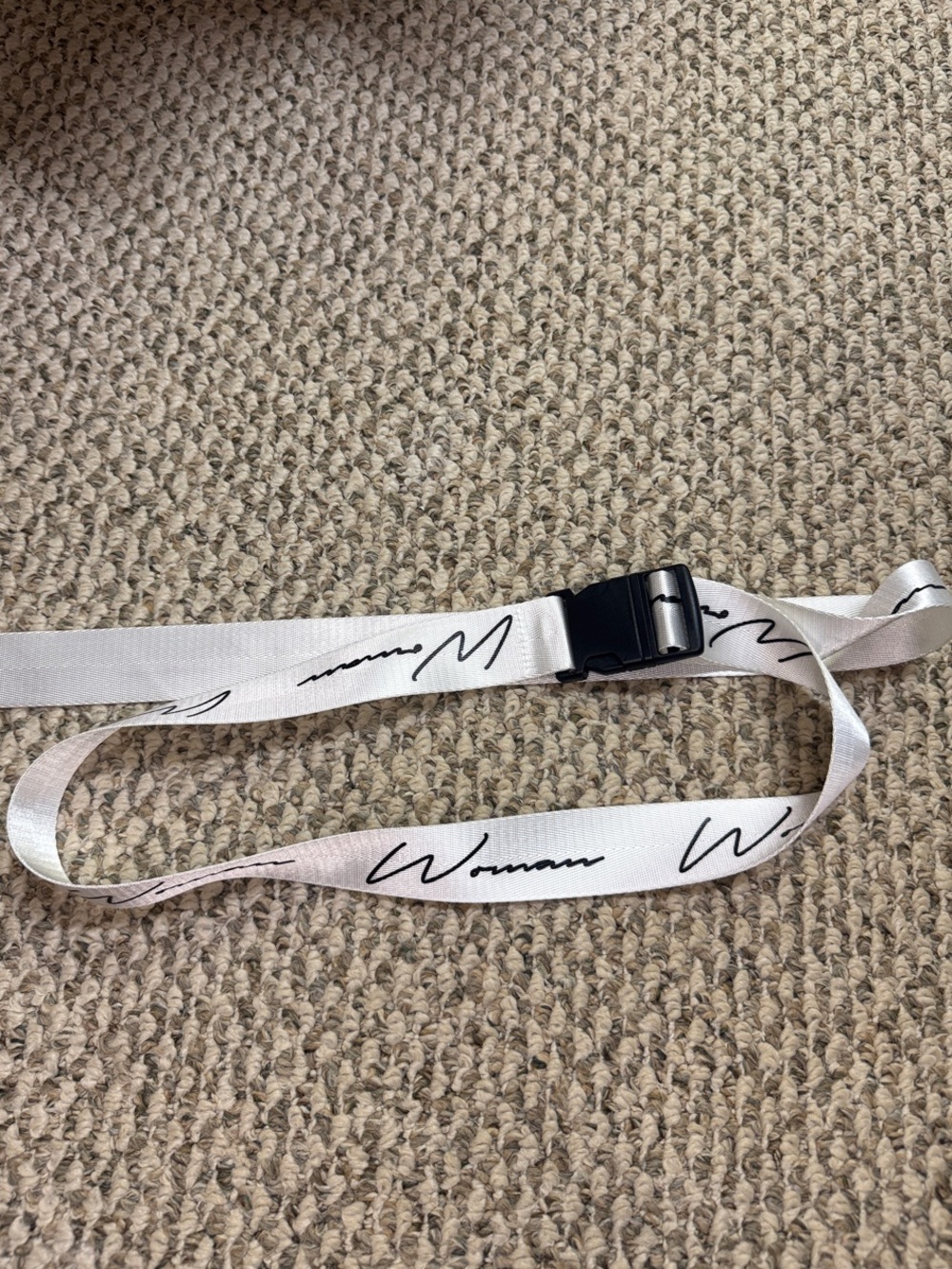 PrettyLittleThing White “Woman” Logo Tape Belt with Black Clip Buckle